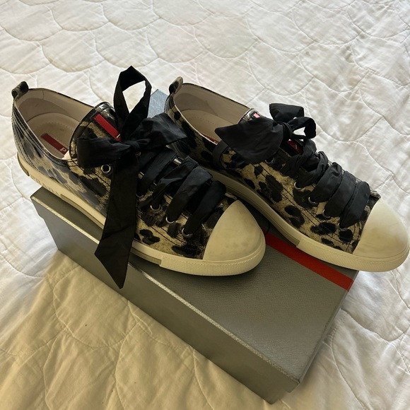 Prada Leopard Print Patent Sneakers with Ribbon Laces - Picture 7 of 14